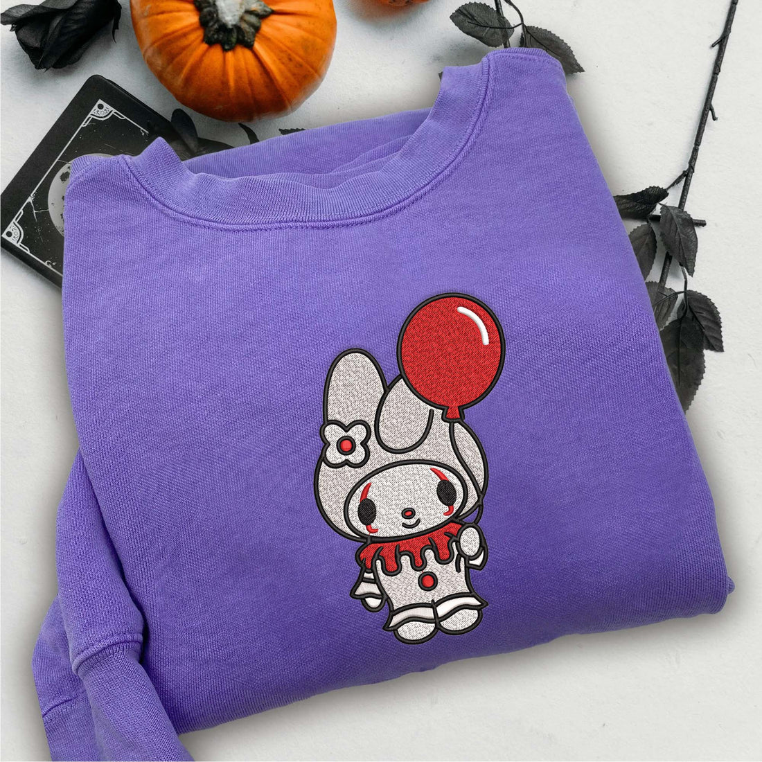 Hello Cat Horror with Balloon Sweatshirt, Halloween Embroidery Sweatshirt HLW_M458
