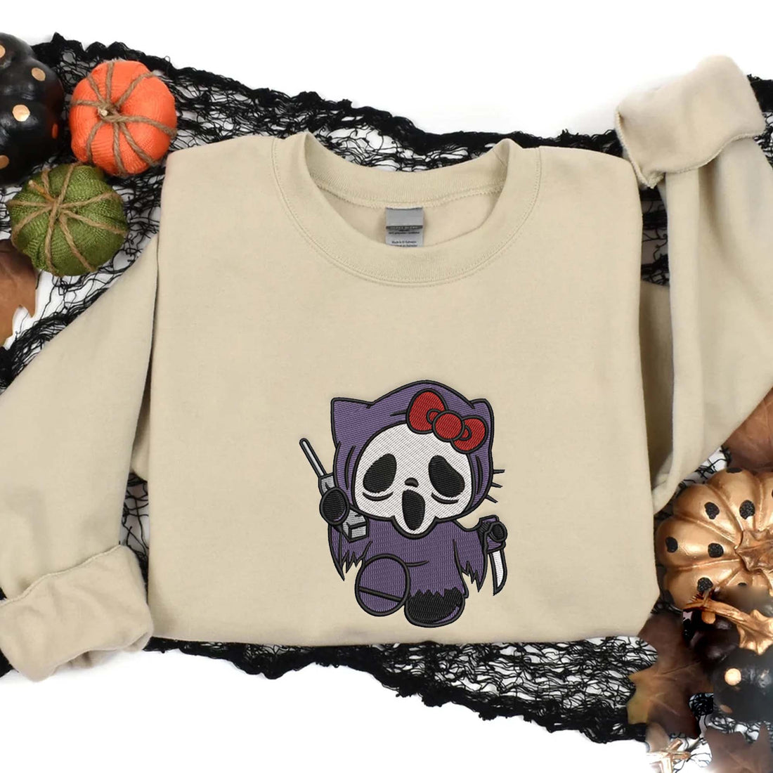 Hello Cat Ghost Embroidery Sweatshirt, Halloween Embroidery Sweatshirt HLW_M457