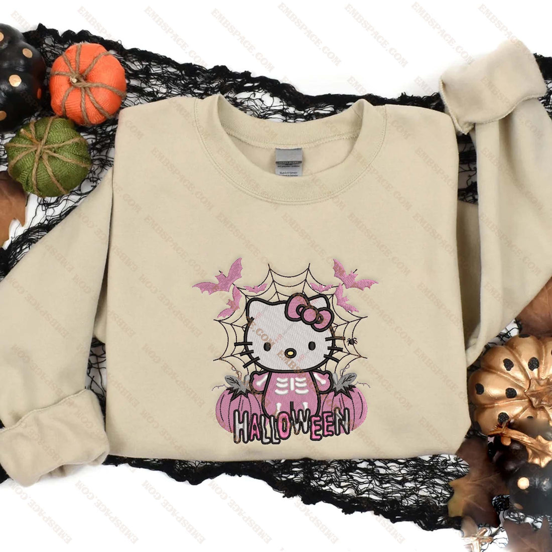 Pink Cat Pumpkin Halloween Embroidery Sweatshirt, Halloween Embroidery Sweatshirt HLW_M1954