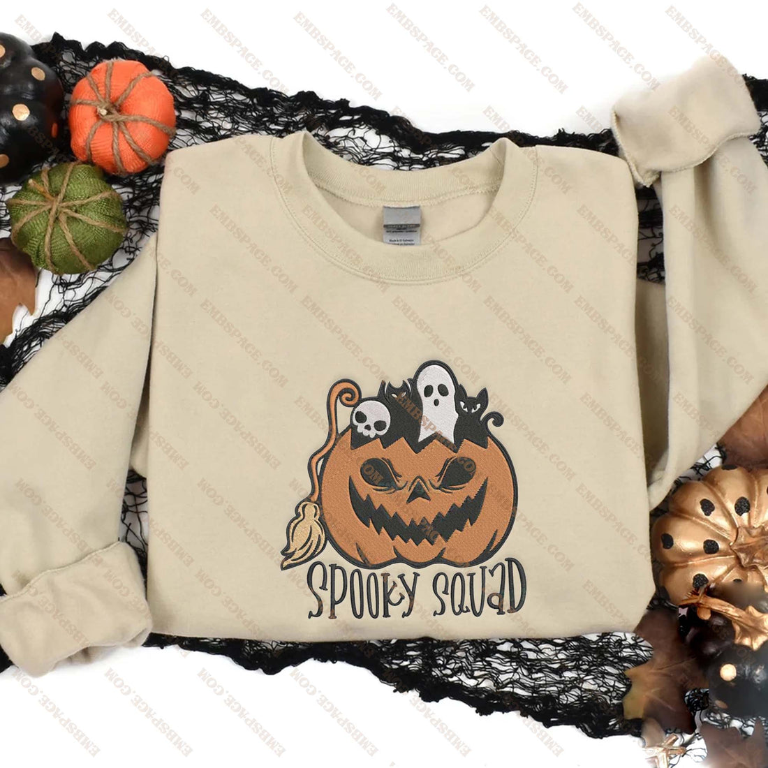 Spooky Squad Pumpkin with Ghosts Sweatshirt, Halloween Embroidery Sweatshirt HLW_M1659