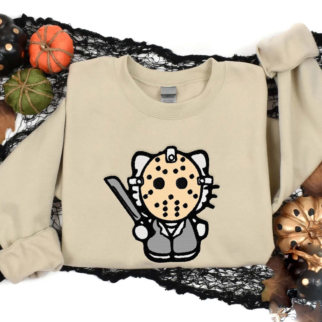 Hello Mew with Facemask Halloween Sweatshirt, Halloween Embroidery Sweatshirt HLW_M519