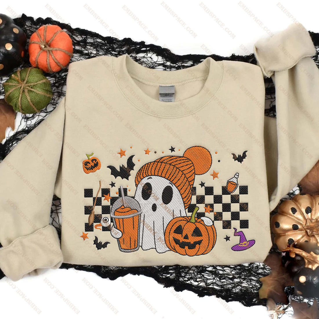Halloween Ghost With Coffee And Pumpkin Embroidery Sweatshirt, Halloween Embroidery Sweatshirt HLW_M1896