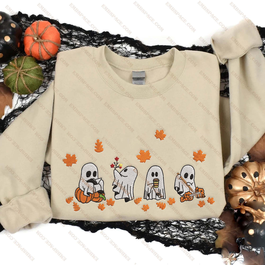 Halloween Cute Four Fall Ghost Embroidery Sweatshirt, Halloween Embroidery Sweatshirt HLW_M1512