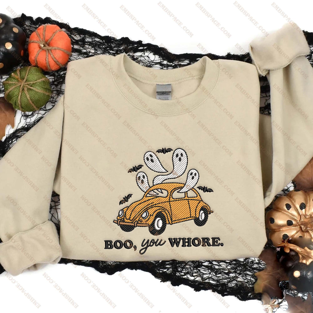 Boo You Whore Ghost In The Car Embroidery Sweatshirt, Halloween Embroidery Sweatshirt HLW_M1601