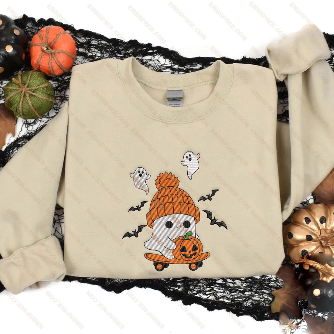 Cute Ghost With Pumpkin Embroidery Sweatshirt, Halloween Embroidery Sweatshirt HLW_M1897