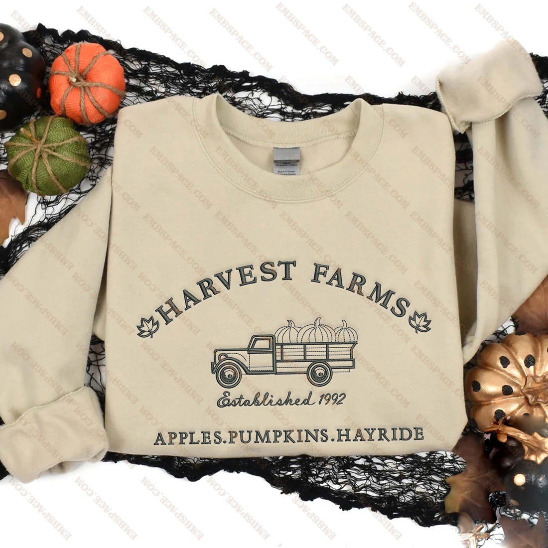 Harvest Farm Est 1992 Pumpkin Truck Halloween Embroidery Sweatshirt, Halloween Embroidery Sweatshirt HLW_M1674