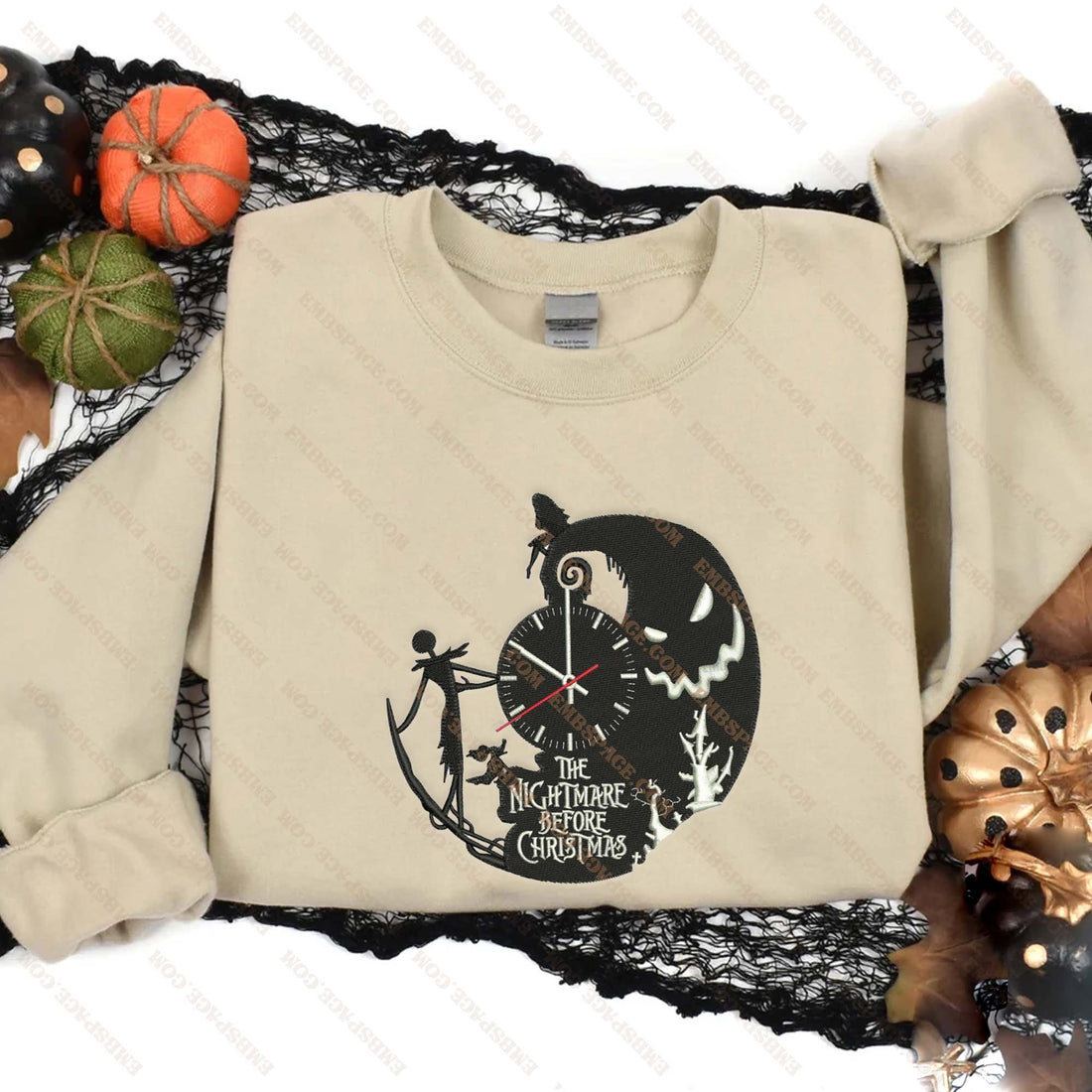 Cartoon Horror Characters in The Bad Dream with Clock Sweatshirt, Halloween Embroidery Sweatshirt HLW_M1940