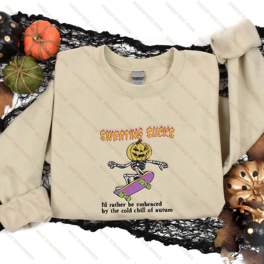 Sweating Sucks Skeleton with Head Pumpkin Sweatshirt, Halloween Embroidery Sweatshirt HLW_M1657