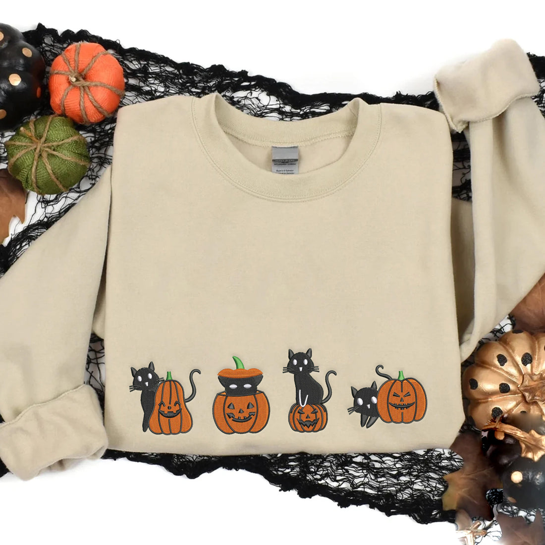 Cats and Pumpkins Halloween Sweatshirt, Halloween Embroidery Sweatshirt HLW_M250
