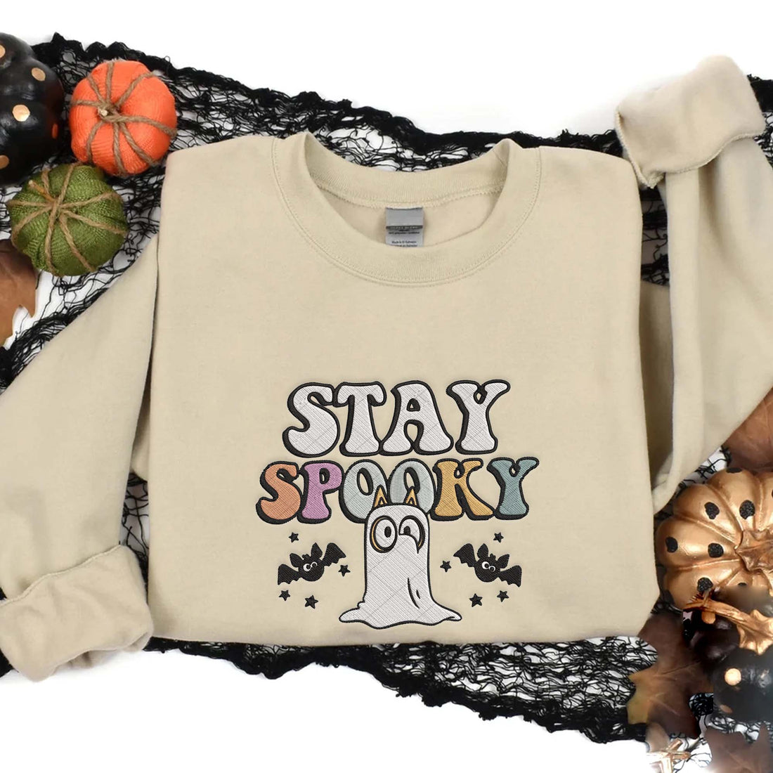 Stay Spooky Cartoon Character Sweatshirt, Halloween Embroidery Sweatshirt HLW_M582