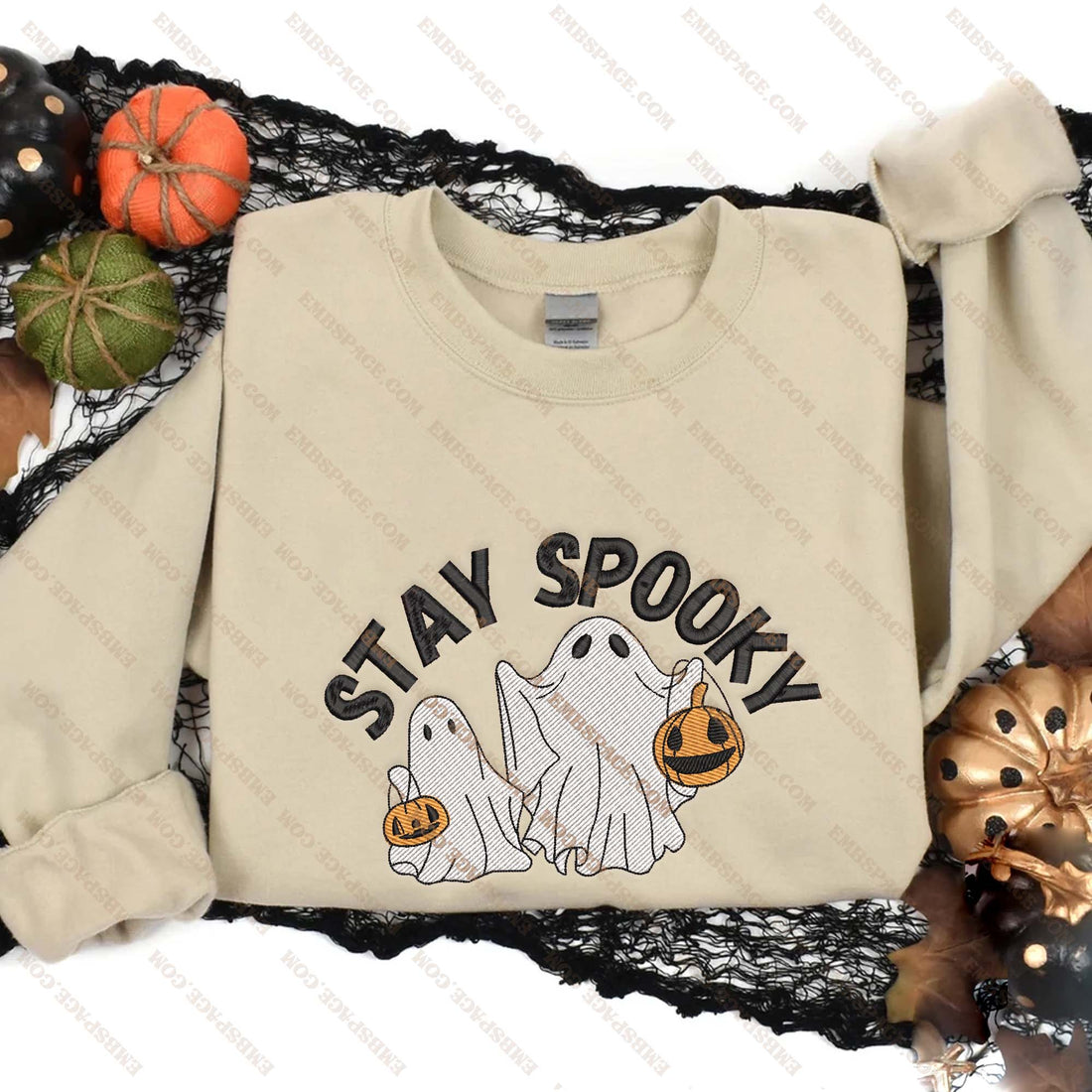 Stay Spooky Ghost Holding A Pumpkin Lantern Embroidery Sweatshirt, Halloween Embroidery Sweatshirt HLW_M1599