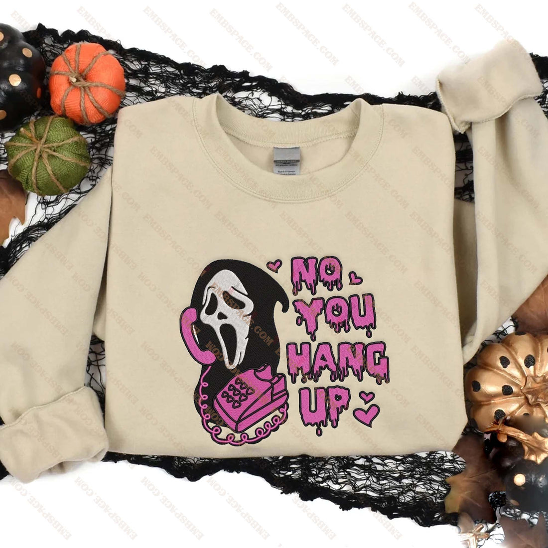 No You Hang Up Ghost Call Phone Halloween Embroidery Sweatshirt, Halloween Embroidery Sweatshirt HLW_M1973