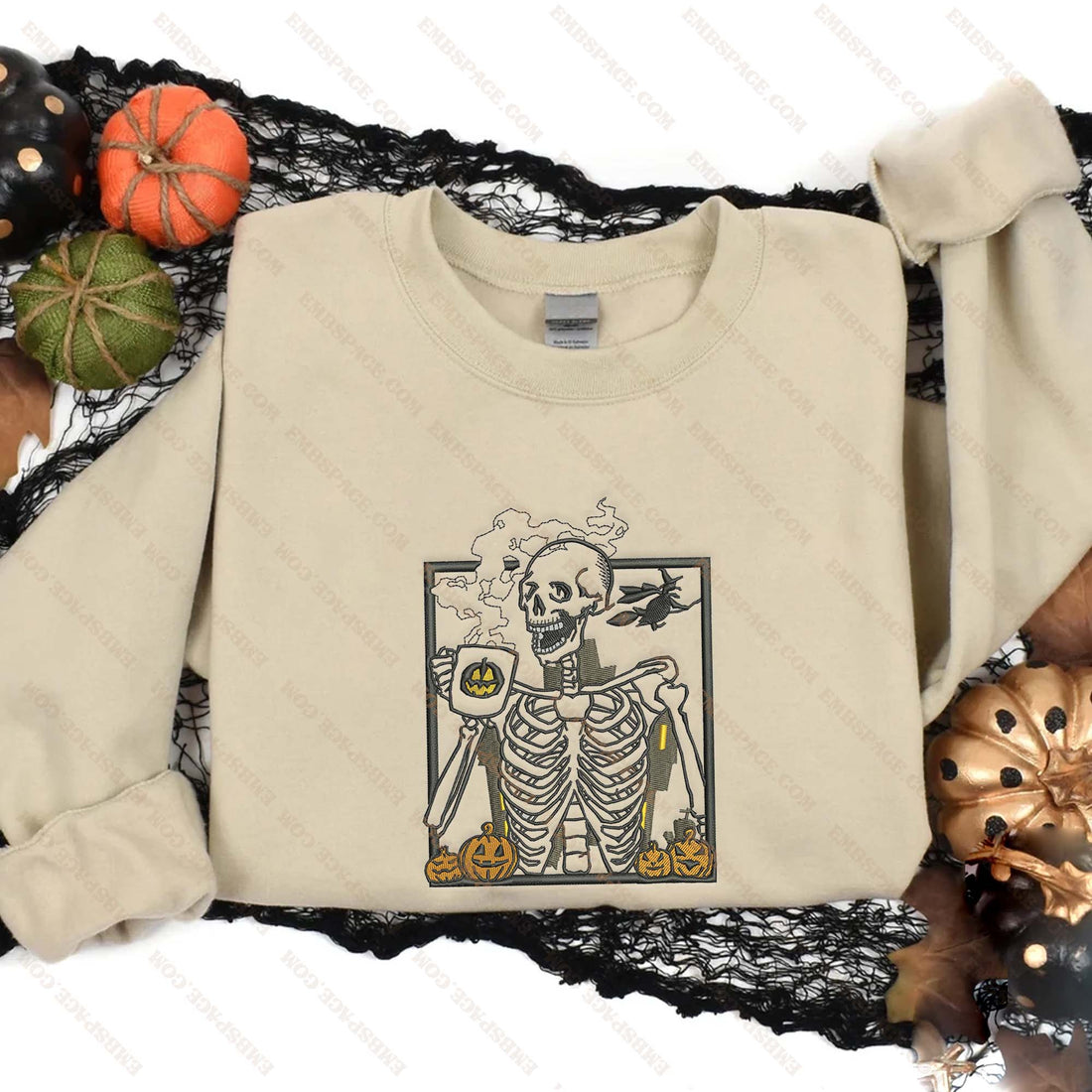 Skeleton Pumpkin Halloween Embroidery Sweatshirt, Halloween Embroidery Sweatshirt HLW_M1690