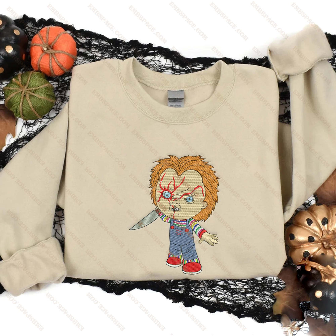 Horror Doll Character with Knife Halloween Embroidery Sweatshirt, Halloween Embroidery Sweatshirt HLW_M1751
