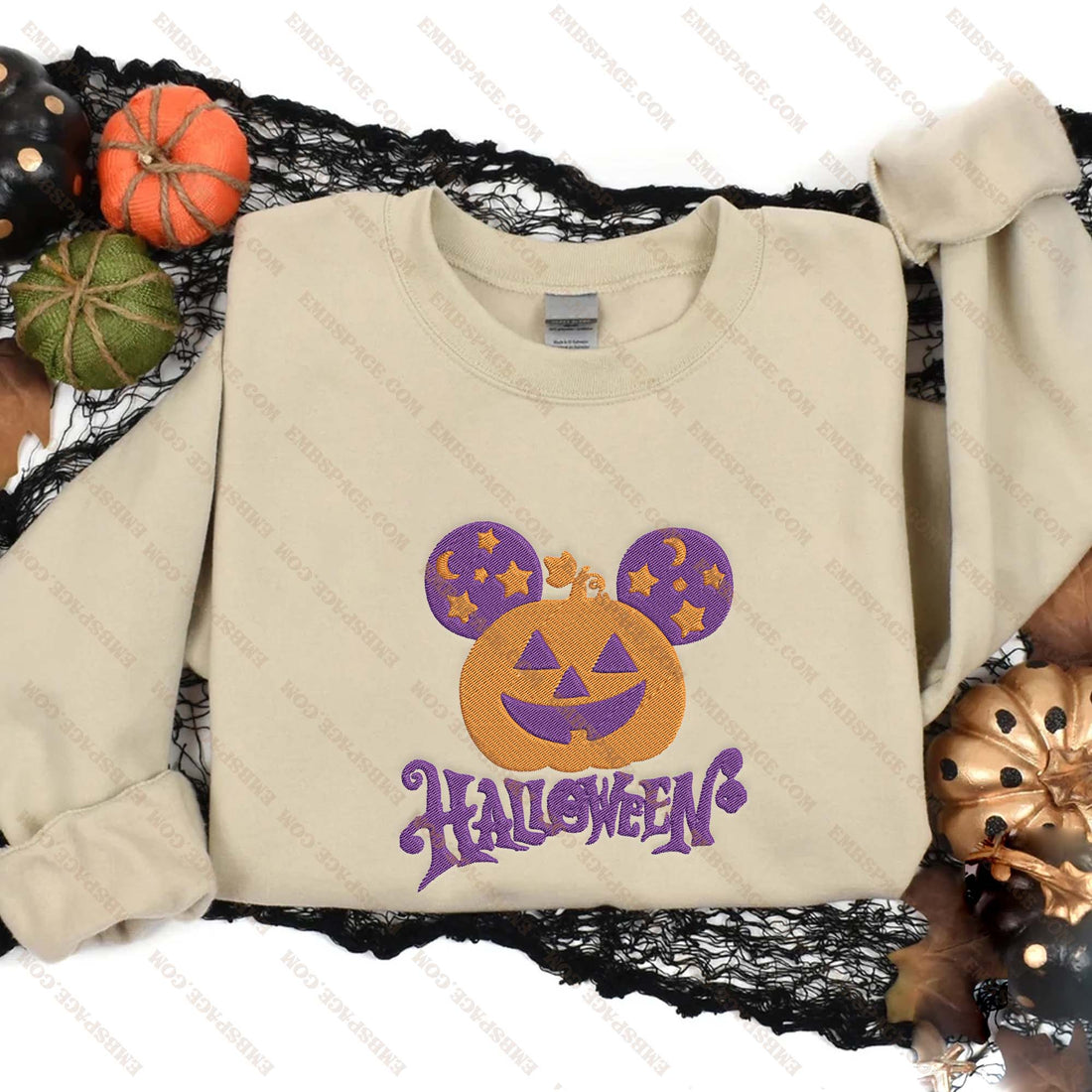 Cartoon Mouse Head Pumpkin Halloween Sweatshirt, Halloween Embroidery Sweatshirt HLW_M1652