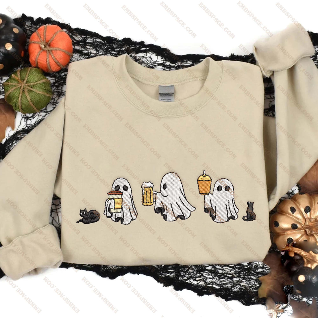 Little Ghost Ice Coffee Embroidery Sweatshirt, Halloween Embroidery Sweatshirt HLW_M1571