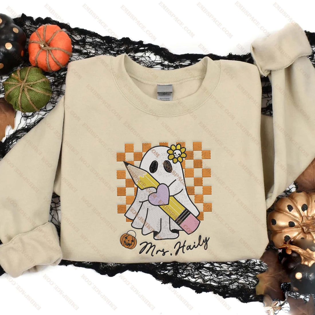 Spooky Halloschool Mrs. Haily Halloween Embroidery Sweatshirt, Halloween Embroidery Sweatshirt HLW_M1818