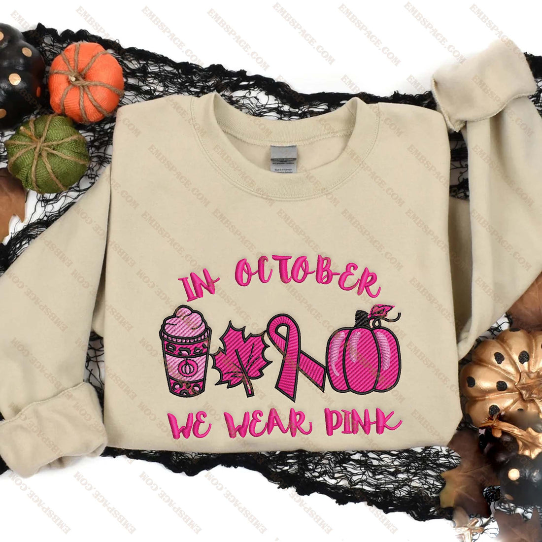 In October We Wear Pink Pumpkin Embroidery Sweatshirt, Halloween Embroidery Sweatshirt HLW_M1623