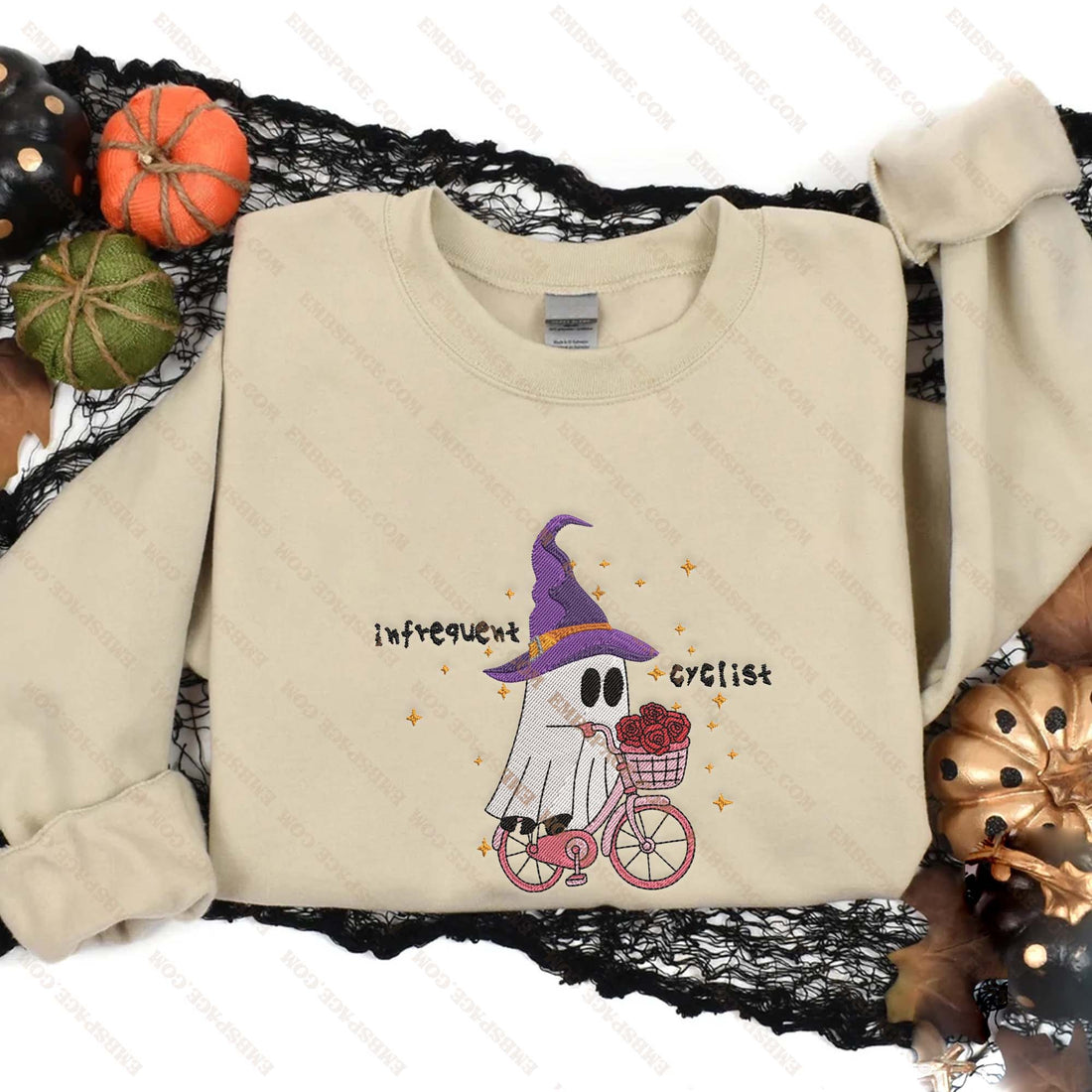 Cute Ghost Riding A Bike Embroidery Sweatshirt, Halloween Embroidery Sweatshirt HLW_M1919