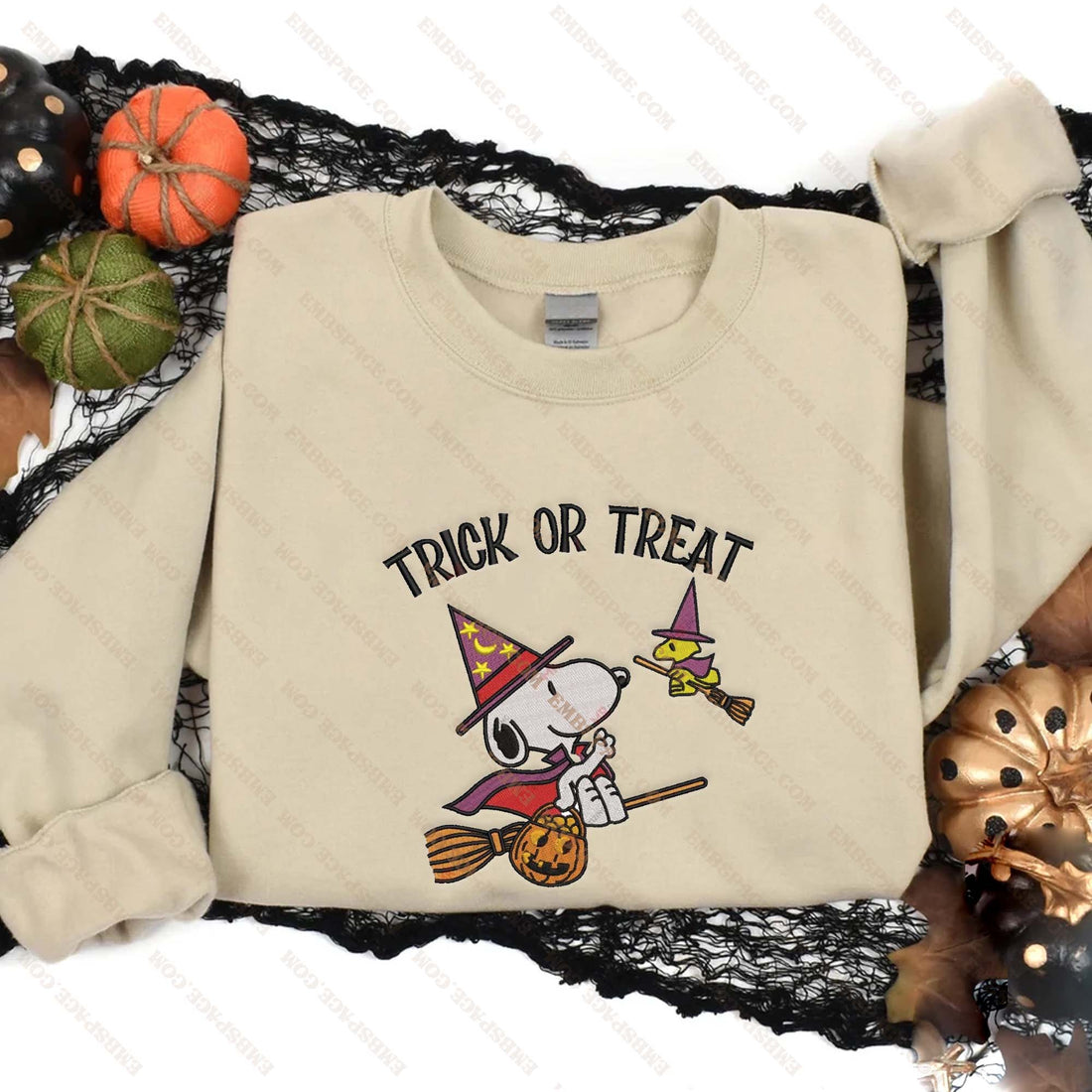 Trick or Treat Dog Flying in Broom Halloween Embroidery Sweatshirt, Halloween Embroidery Sweatshirt HLW_M2067