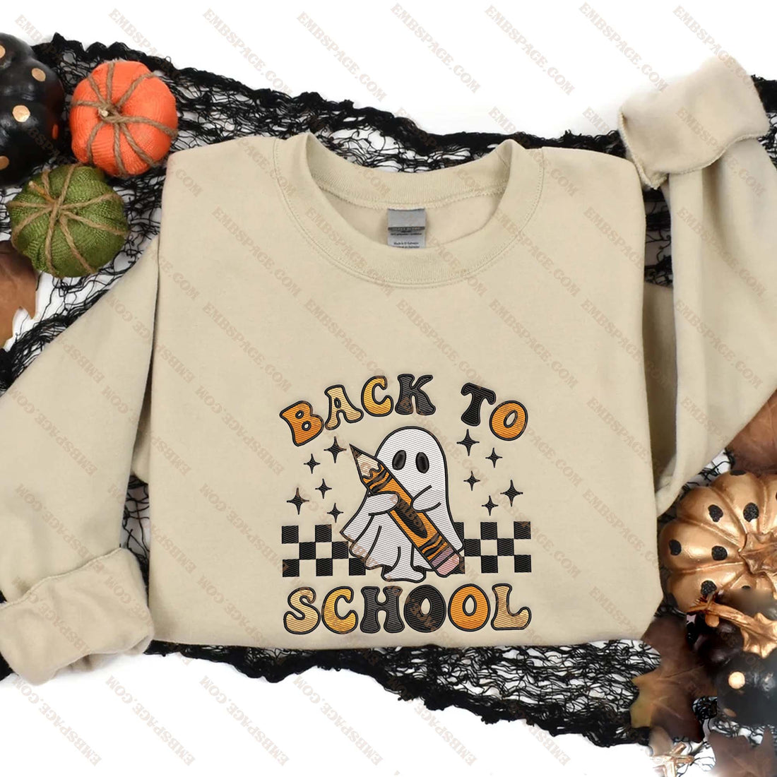 Halloween Back to School Ghost Pencil Embroidery Sweatshirt, Halloween Embroidery Sweatshirt HLW_M1507