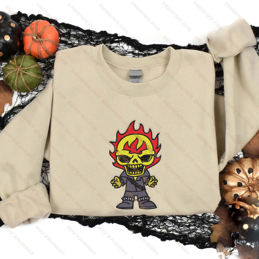 Ghost Rider with Fire Head Halloween Embroidery Sweatshirt, Halloween Embroidery Sweatshirt HLW_M1809