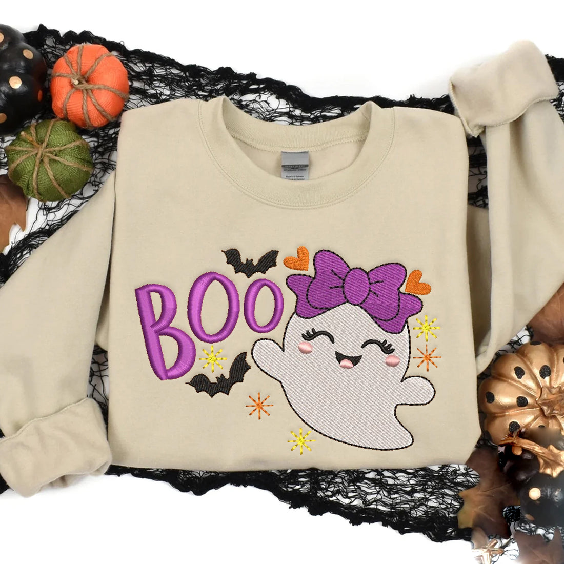 Cute Purple Boo Ghost Sweatshirt, Halloween Embroidery Sweatshirt HLW_M105