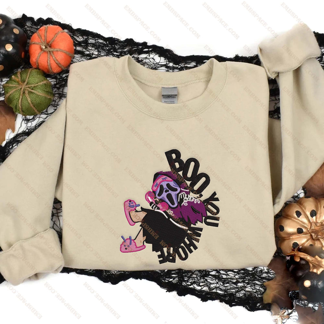Boo You Whore Ghost Halloween Embroidery Sweatshirt, Halloween Embroidery Sweatshirt HLW_M1885