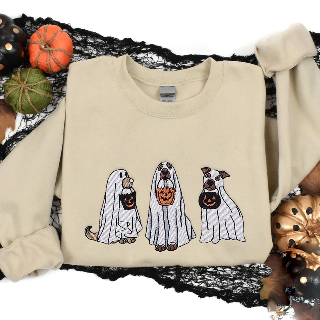 Ghost Dog Pumpkin Embroidery Sweatshirt, Halloween Embroidery Sweatshirt HLW_M358