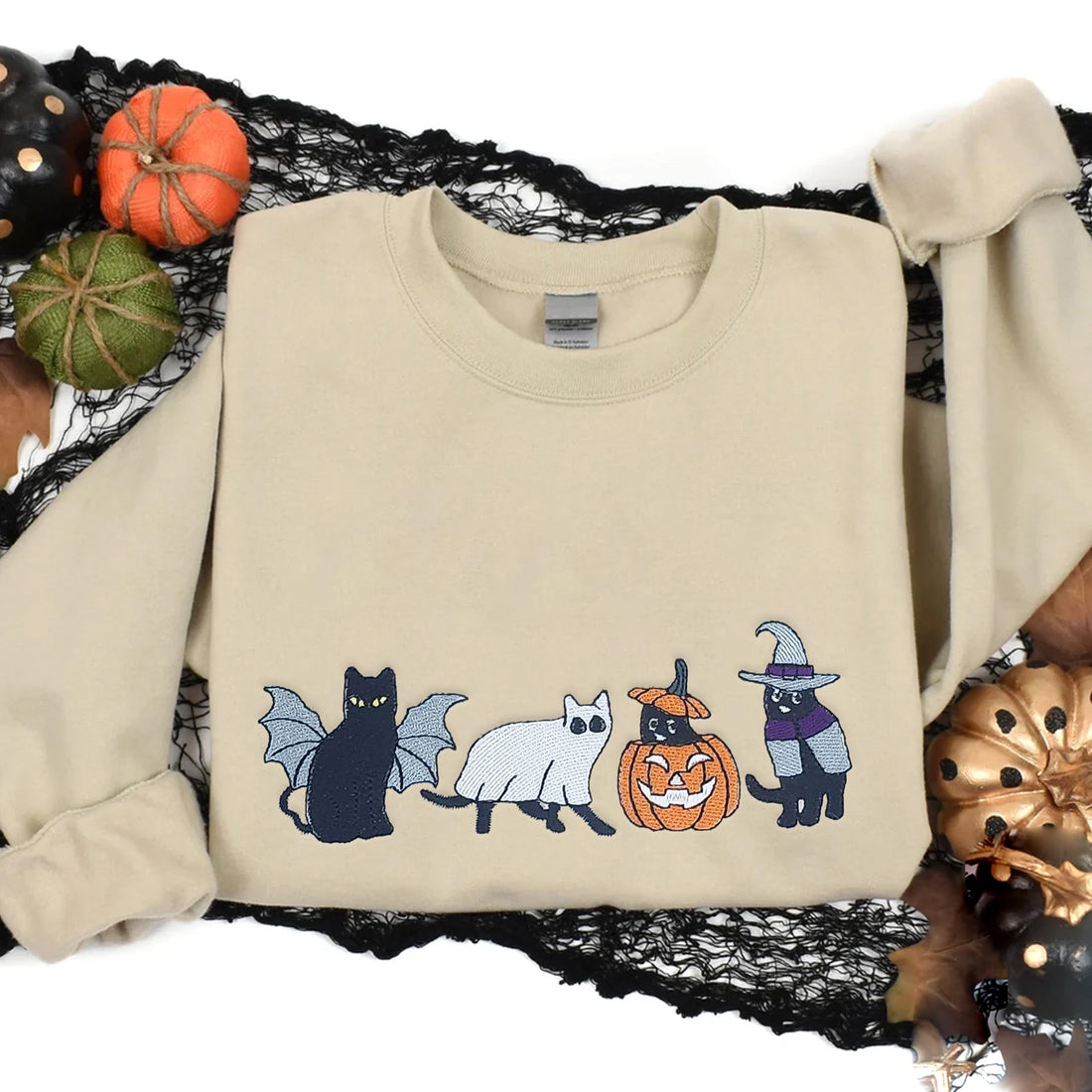 Ghost Cat Pumpkin Halloween Embroidery Sweatshirt, Halloween Embroidery Sweatshirt HLW_M356