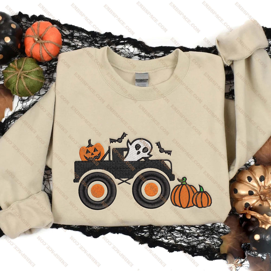 Pumpkin Ghost In Truck Embroidery Sweatshirt, Halloween Embroidery Sweatshirt HLW_M1626
