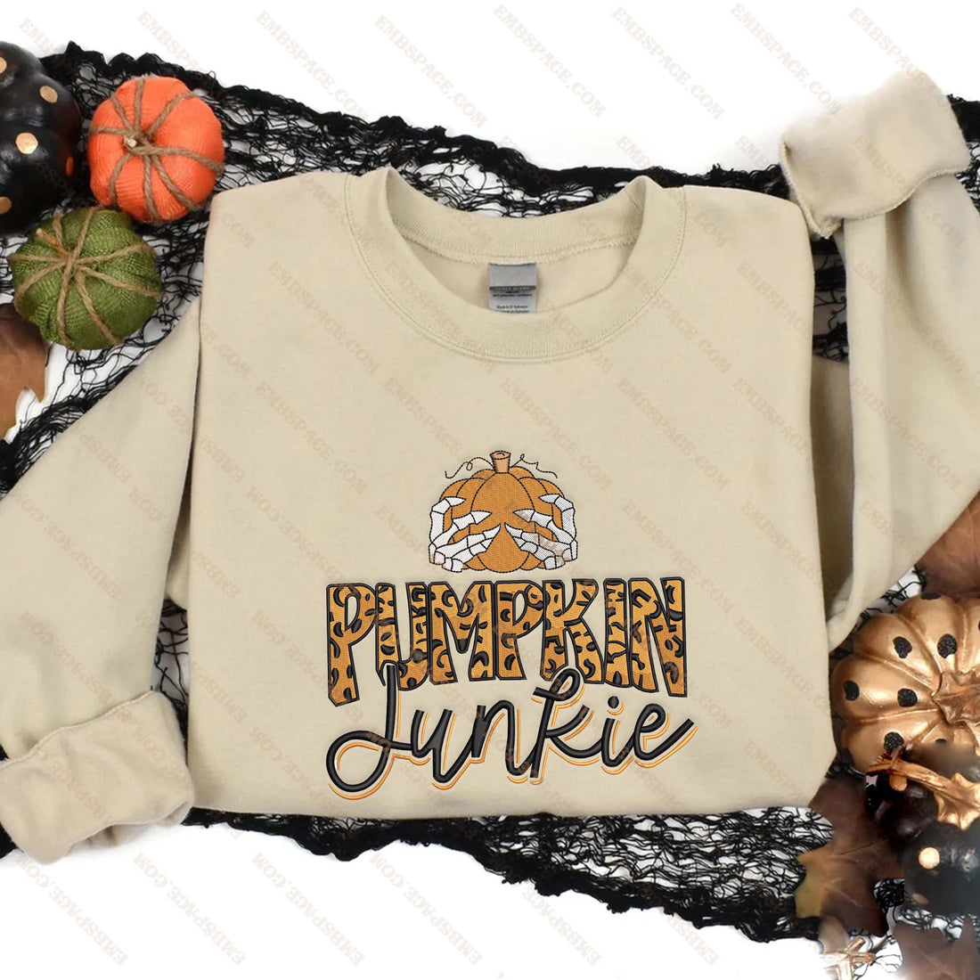 Leopard Pumpkin With Skeleton Hands Embroidery Sweatshirt, Halloween Embroidery Sweatshirt HLW_M1910