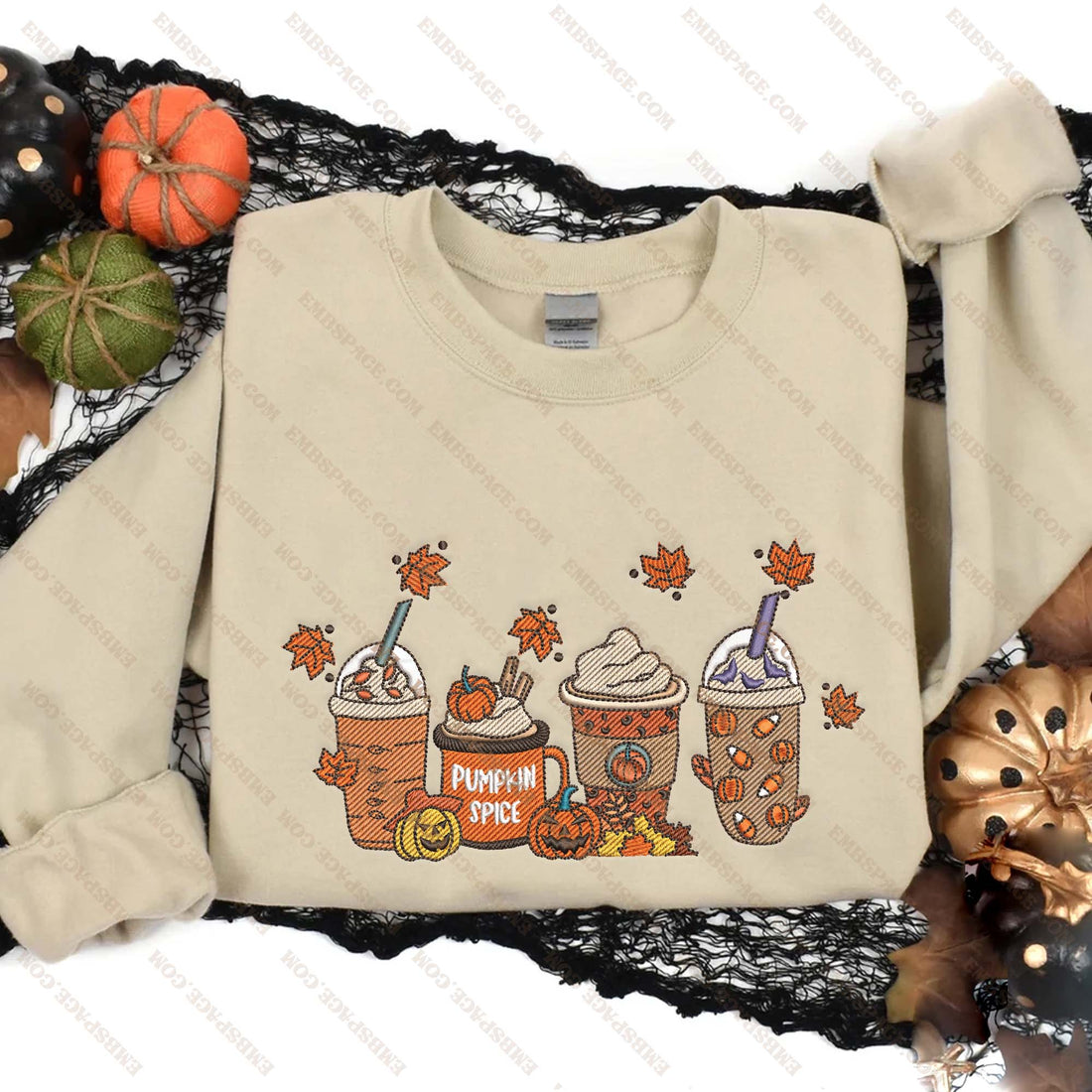 Halloween Pumpkin Autumn Coffee Embroidery Sweatshirt, Halloween Embroidery Sweatshirt HLW_M1639