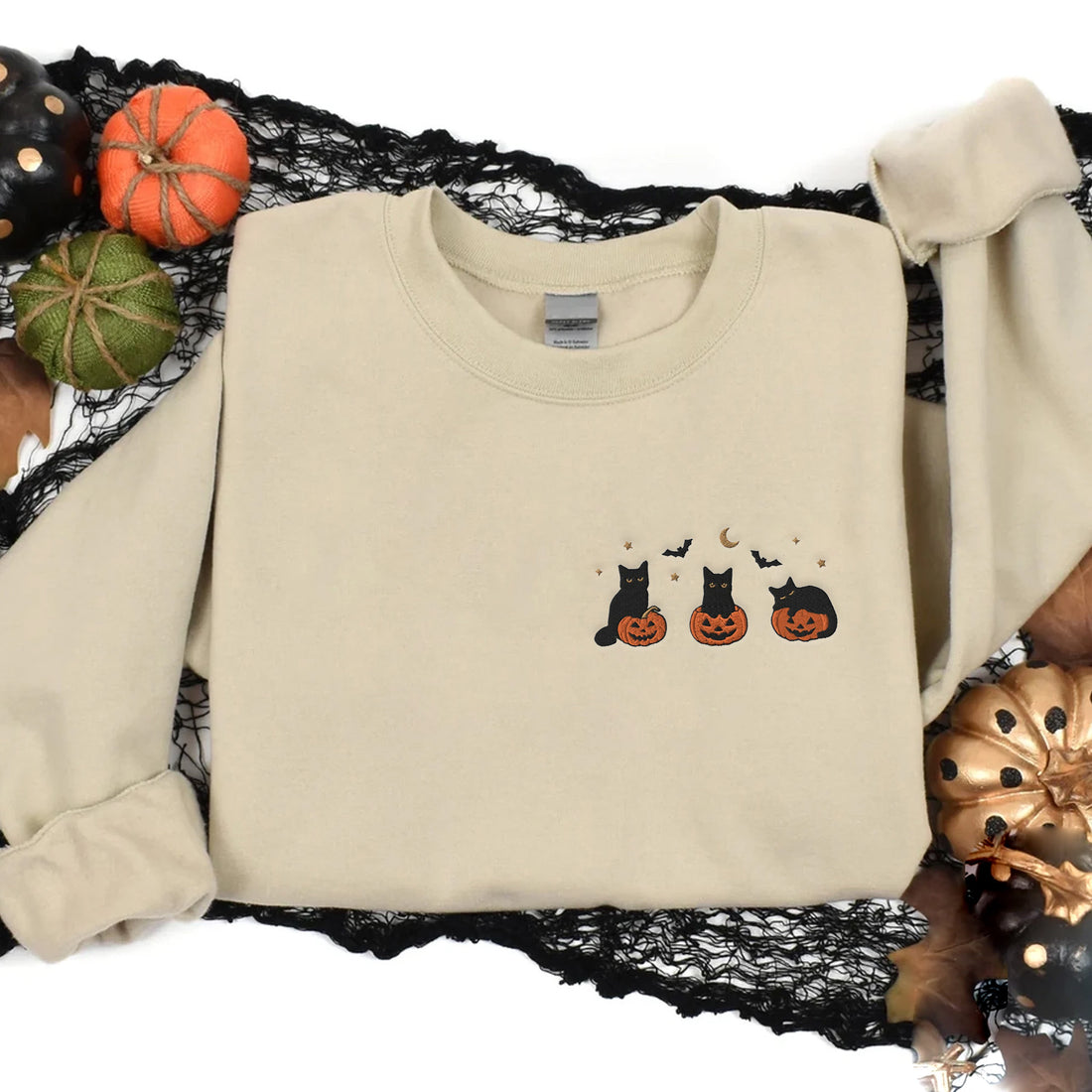 Ghost with Three Cat Halloween Sweatshirt, Halloween Embroidery Sweatshirt HLW_M346