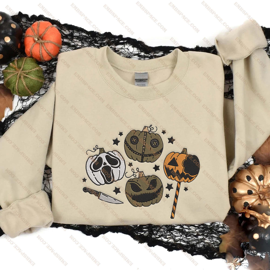 Horror Pumpkin Face Embroidery Sweatshirt, Halloween Embroidery Sweatshirt HLW_M1647