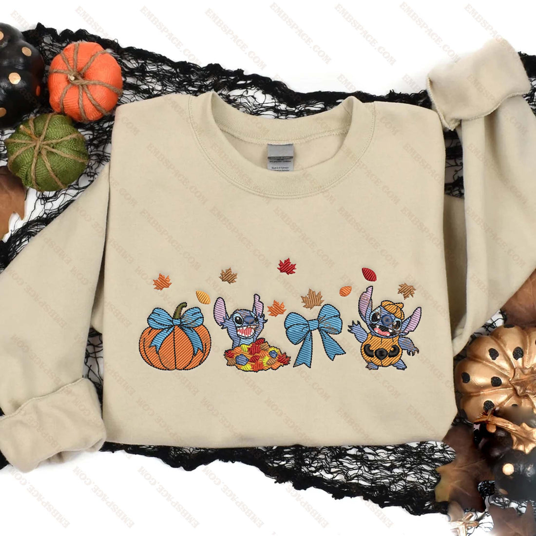 Halloween Fall Blue Monster Pumpkin and Bow Tie Embroidery Sweatshirt, Halloween Embroidery Sweatshirt HLW_M1901