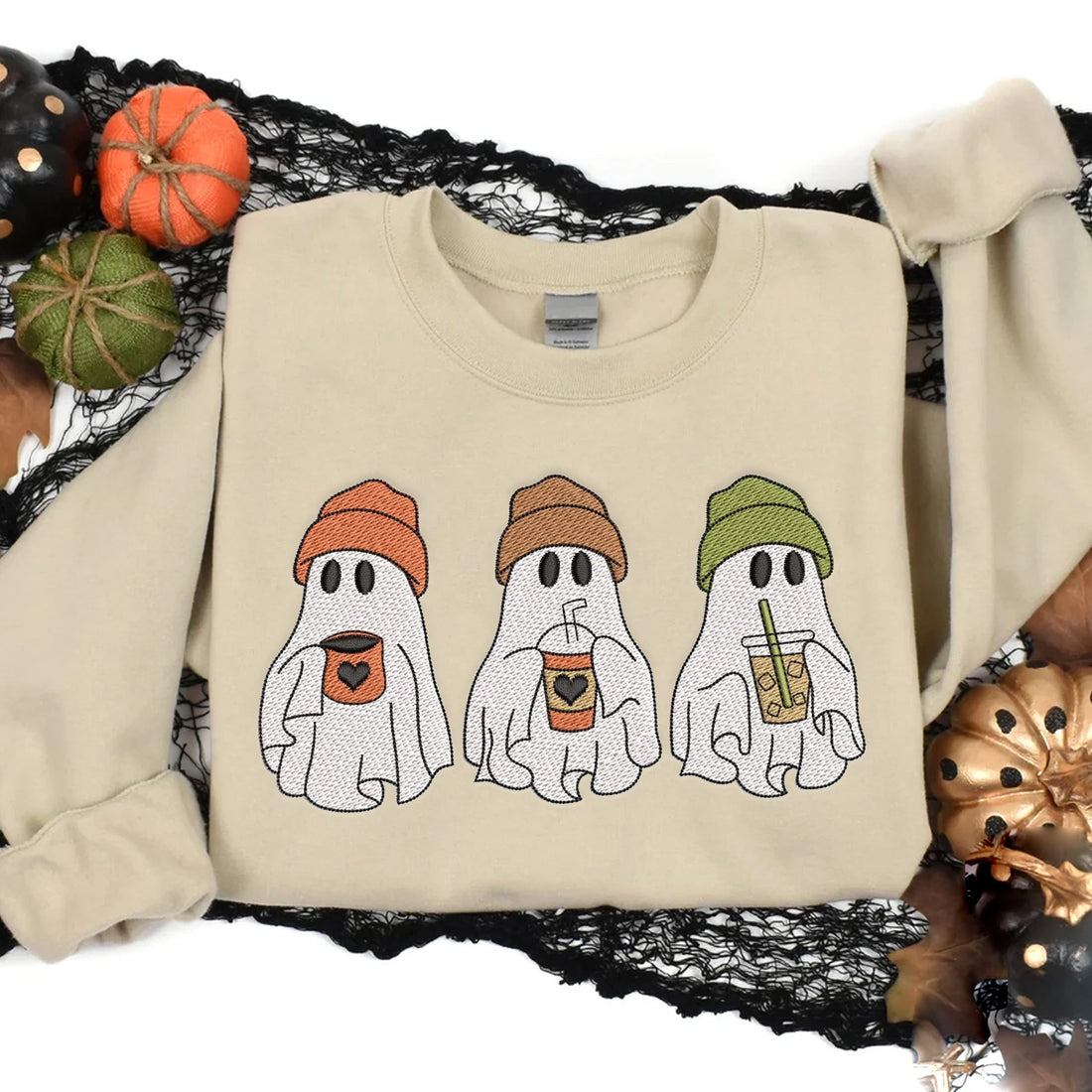 Three Ghosts Drinking Coffee Embroidery Sweatshirt, Halloween Embroidery Sweatshirt HLW_M100