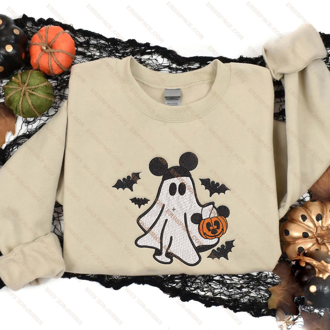 Mouse Ghost with Bat Halloween Embroidery Sweatshirt, Halloween Embroidery Sweatshirt HLW_M2086