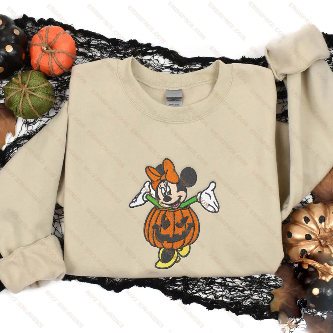 Girl Mouse in Pumpkin Halloween Embroidery Sweatshirt, Halloween Embroidery Sweatshirt HLW_M2084