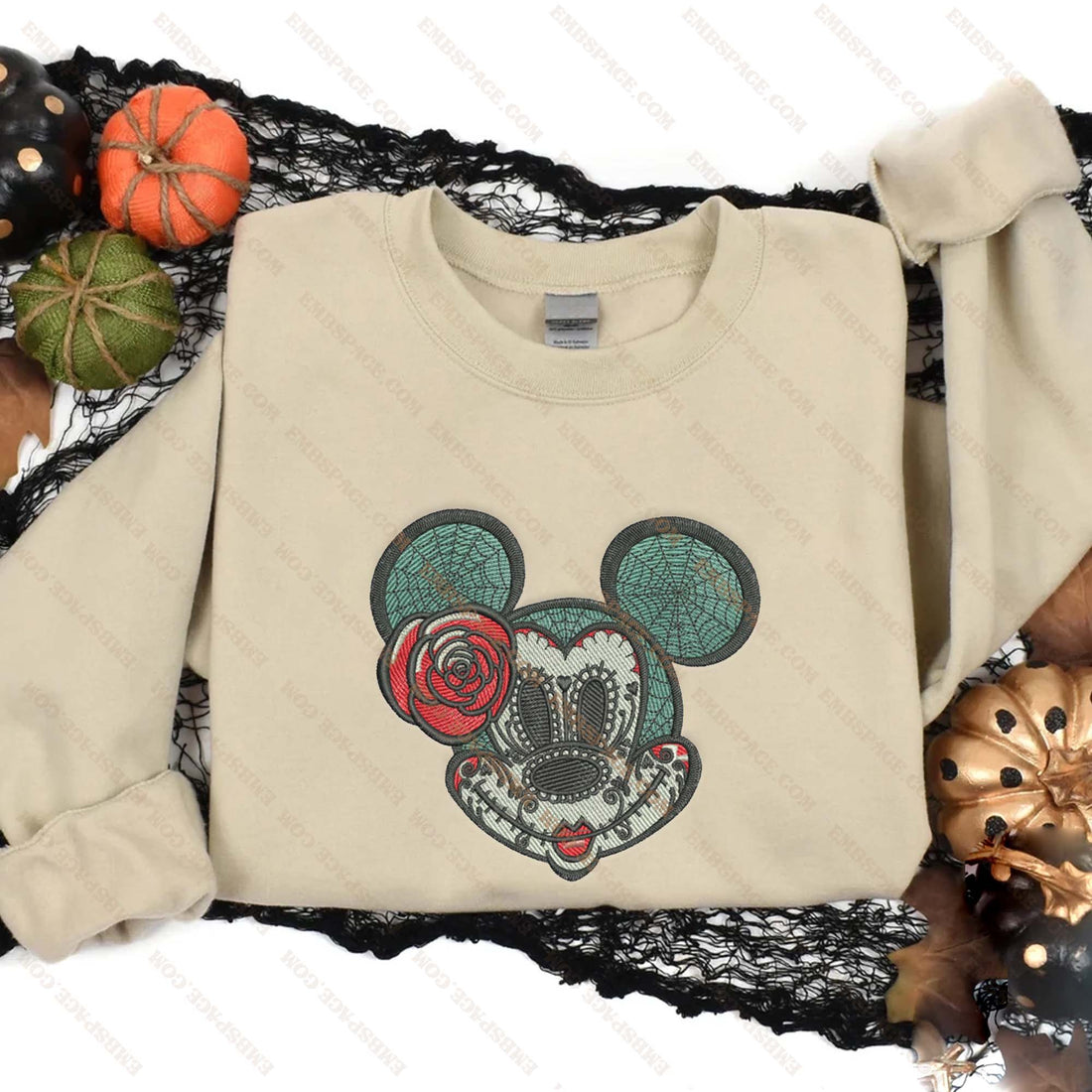 Head Mouse with Flower Halloween Embroidery Sweatshirt, Halloween Embroidery Sweatshirt HLW_M2085