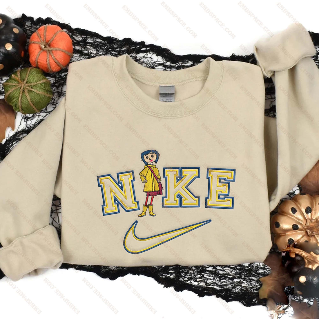 Yelllow Girl Halloween Embroidery Sweatshirt, Halloween Embroidery Sweatshirt HLW_M2090