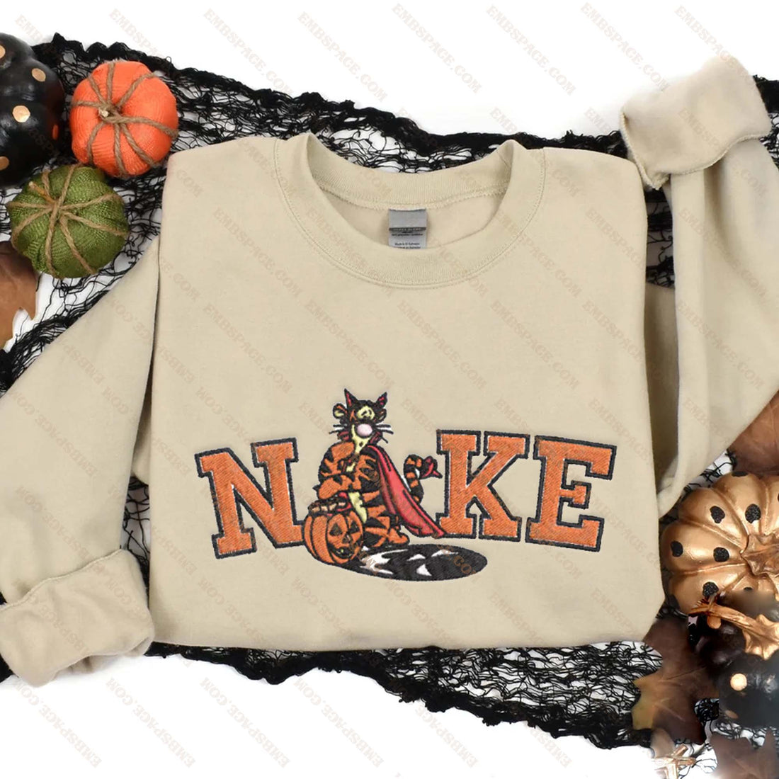 N Tiger with Pumpkin Halloween Embroidery Sweatshirt, Halloween Embroidery Sweatshirt HLW_M2026