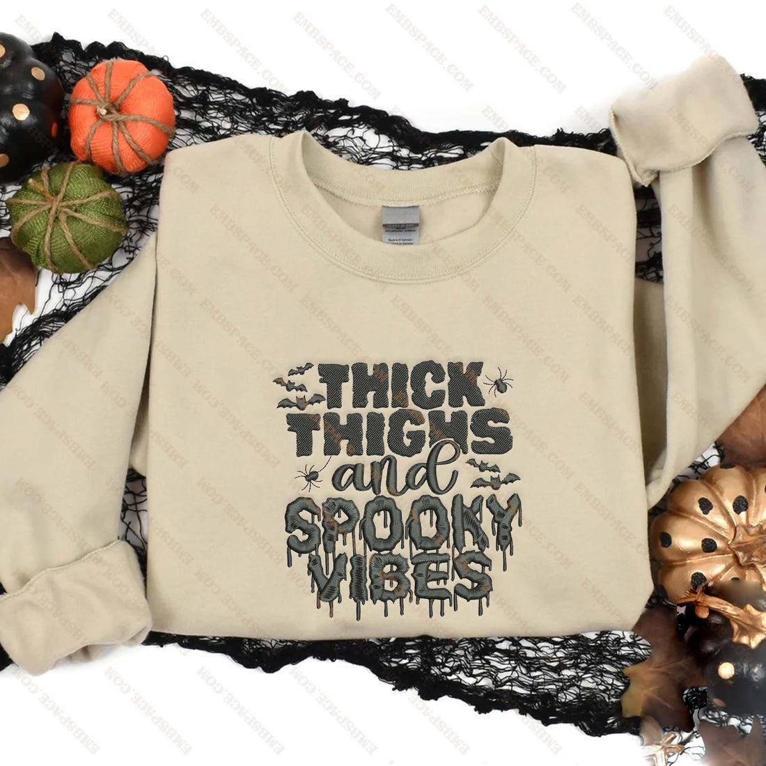 Thick Thighs and Spooky Vibes Halloween Embroidery Sweatshirt, Halloween Embroidery Sweatshirt HLW_M1680