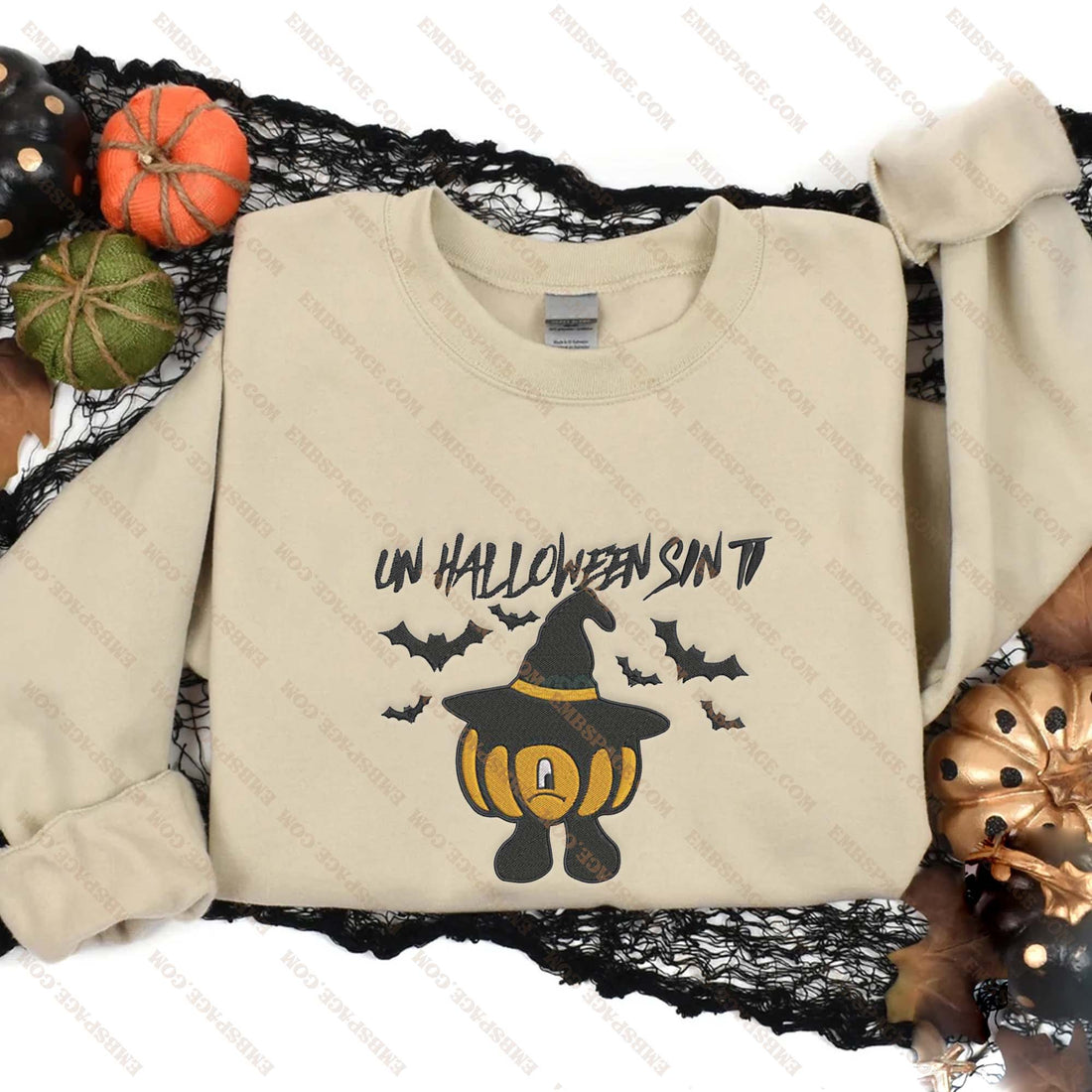 Un Halloween Sin Ti with Pumpkin Witch Embroidery Sweatshirt, Halloween Embroidery Sweatshirt HLW_M1660