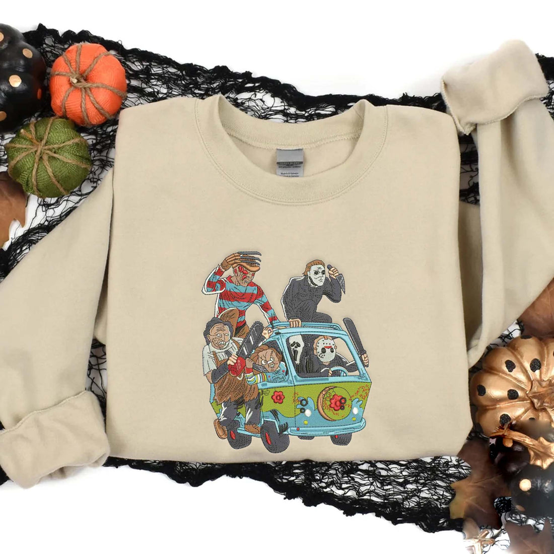 Horror Characters Friends In Car Sweatshirt, Halloween Embroidery Sweatshirt HLW_M616