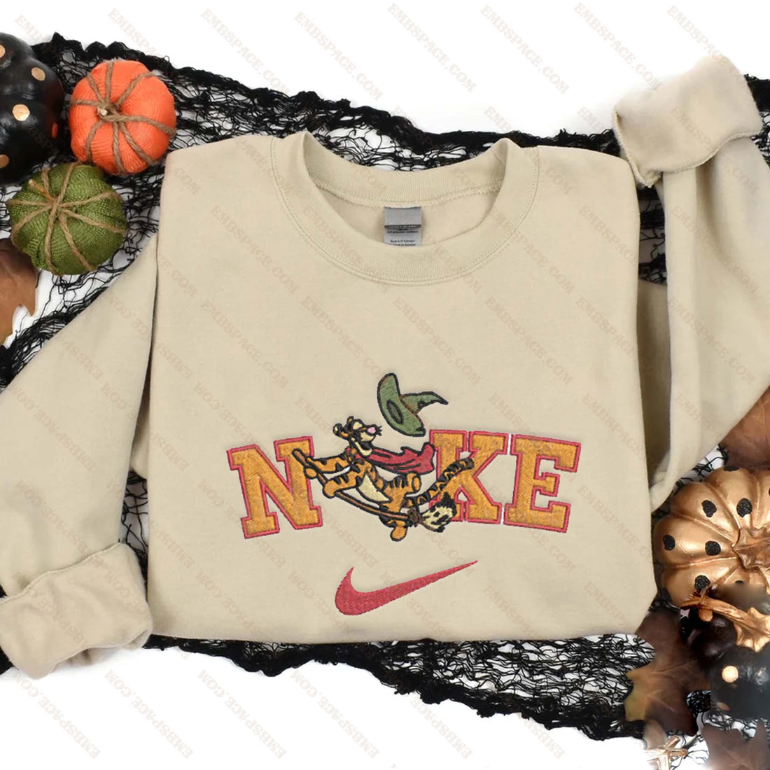N Tiger Flying in Broom Halloween Embroidery Sweatshirt, Halloween Embroidery Sweatshirt HLW_M2023