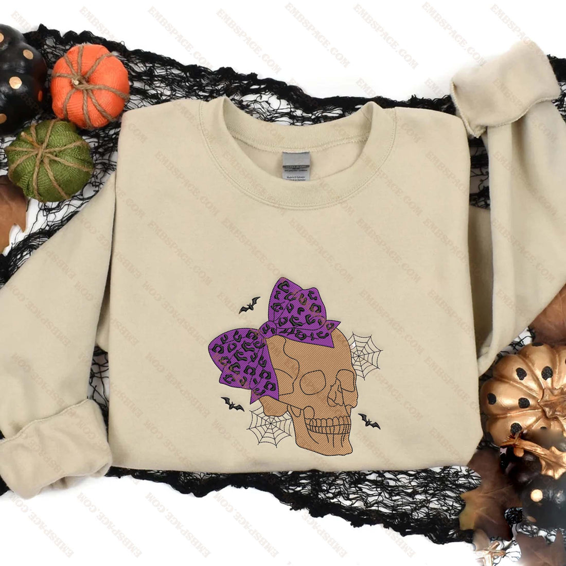 Retro Coquette Skull Embroidery Sweatshirt, Halloween Embroidery Sweatshirt HLW_M1800