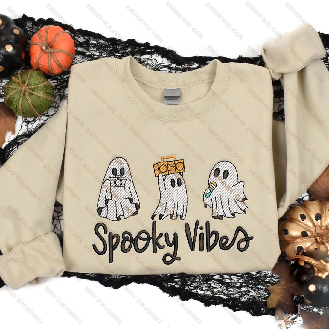 Retro Ghost Of Spooky Vibes Embroidery Sweatshirt, Halloween Embroidery Sweatshirt HLW_M1565