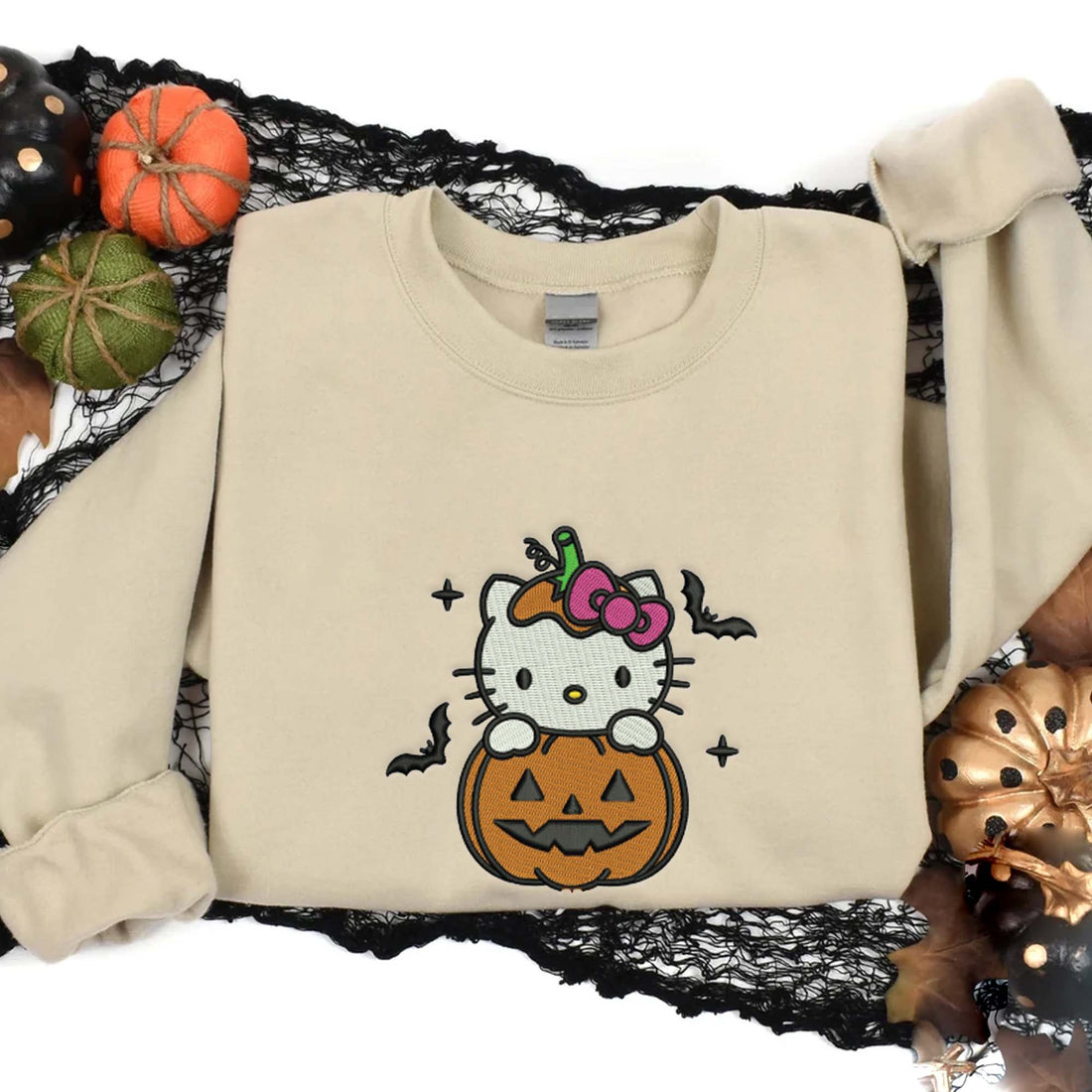 Hello Cat And Pumpkin Embroidered Sweatshirt, Halloween Embroidery Sweatshirt HLW_M456