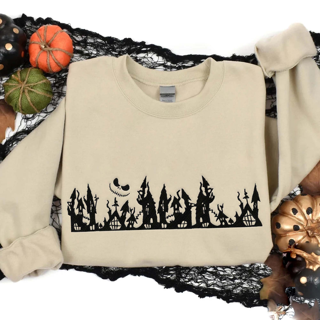Night Village Silhouette Sweatshirt, Halloween Embroidery Sweatshirt HLW_M387
